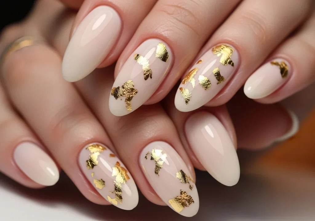 Close-up of neutral cream nails decorated with delicate gold leaf accents for an elegant minimalist look