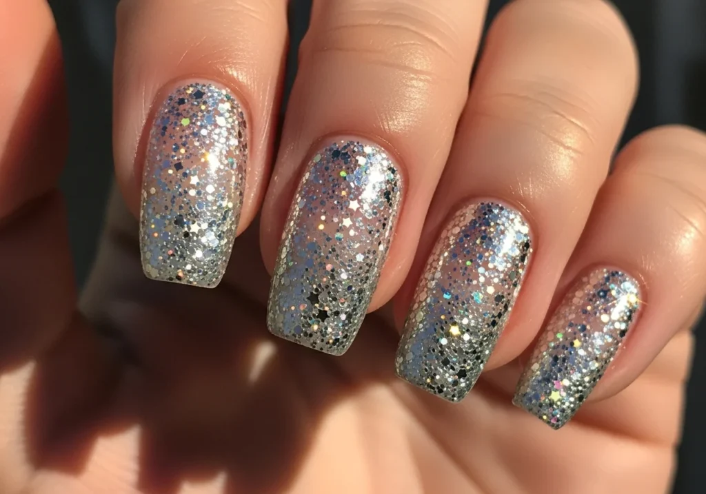 Close-up of a sparkling glitter fade manicure with a soft gradient that reflects light beautifully
