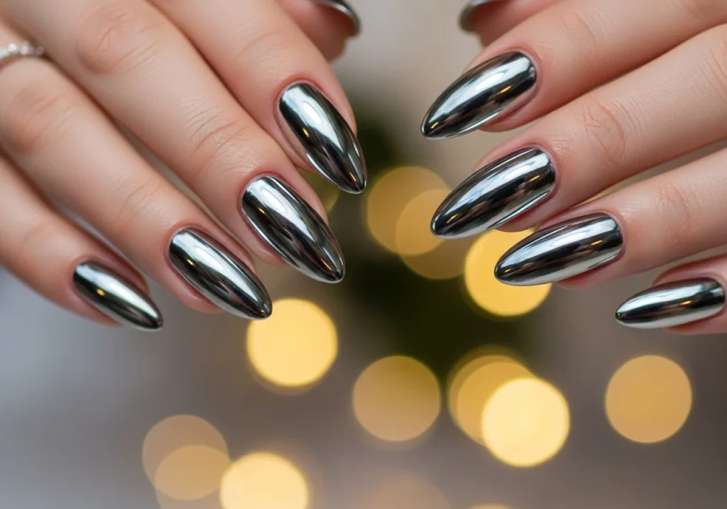 Close-up of high-shine reflective nails shimmering under soft evening wedding lights