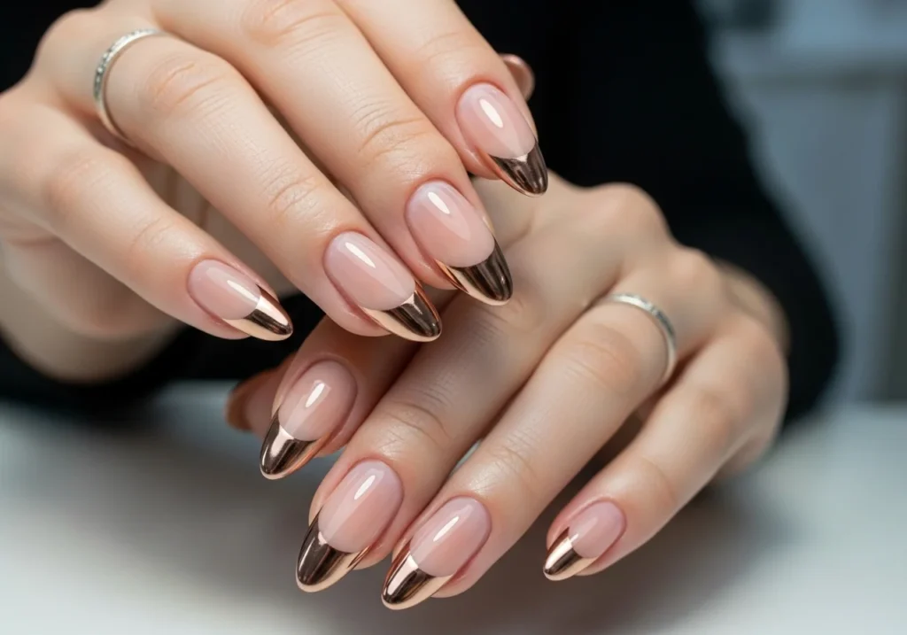 Close-up of a modern French manicure with shiny rose gold metallic tips on a natural base