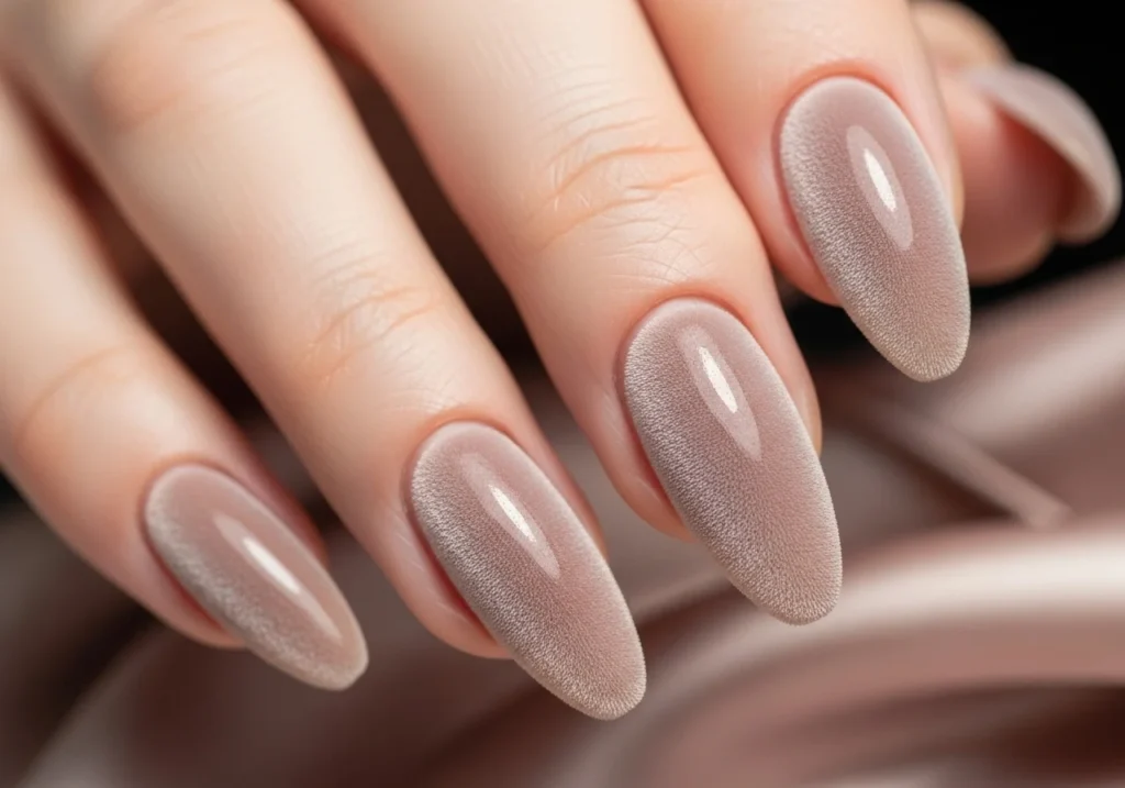 Close-up of mesmerizing velvet-effect nails in a soft neutral tone with a subtle shimmering finish