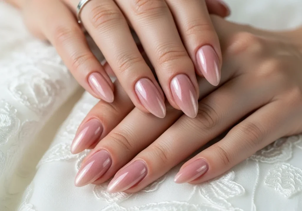 wedding nail ideas :Close-up of elegant wedding nail designs featuring glossy nude-pink gel polish with velvet shimmer effect, paired with a white wedding dress