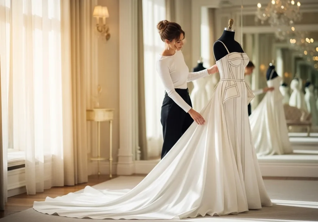A bride carefully examining a wedding dress with a structured bodice and flowing train, comparing design details and fabric quality in a bridal boutique.