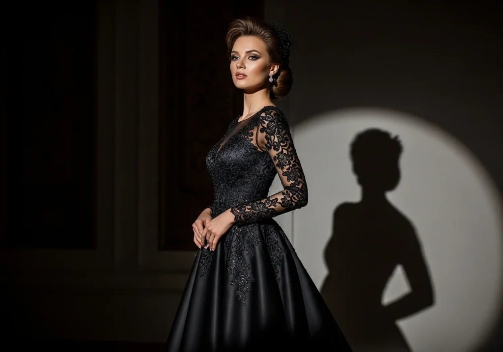 Elegant black wedding dress with lace detailing and long flowing train in bridal photoshoot, modern black wedding dress design for bride.