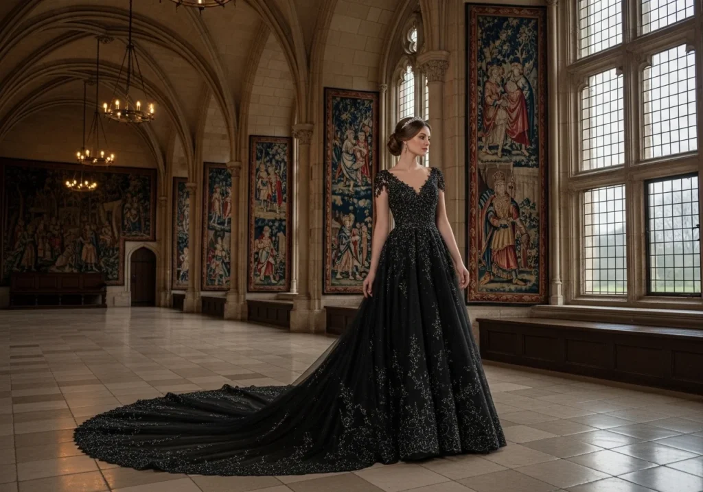 Elegant black bridal gown worn in a historical setting, showcasing a dramatic and luxurious wedding dress style for modern gothic-inspired brides.