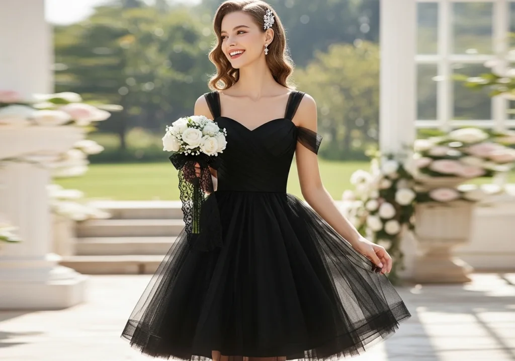 Cute black short wedding dress with tulle layers, stylish modern bridal outfit for a chic and playful wedding look.