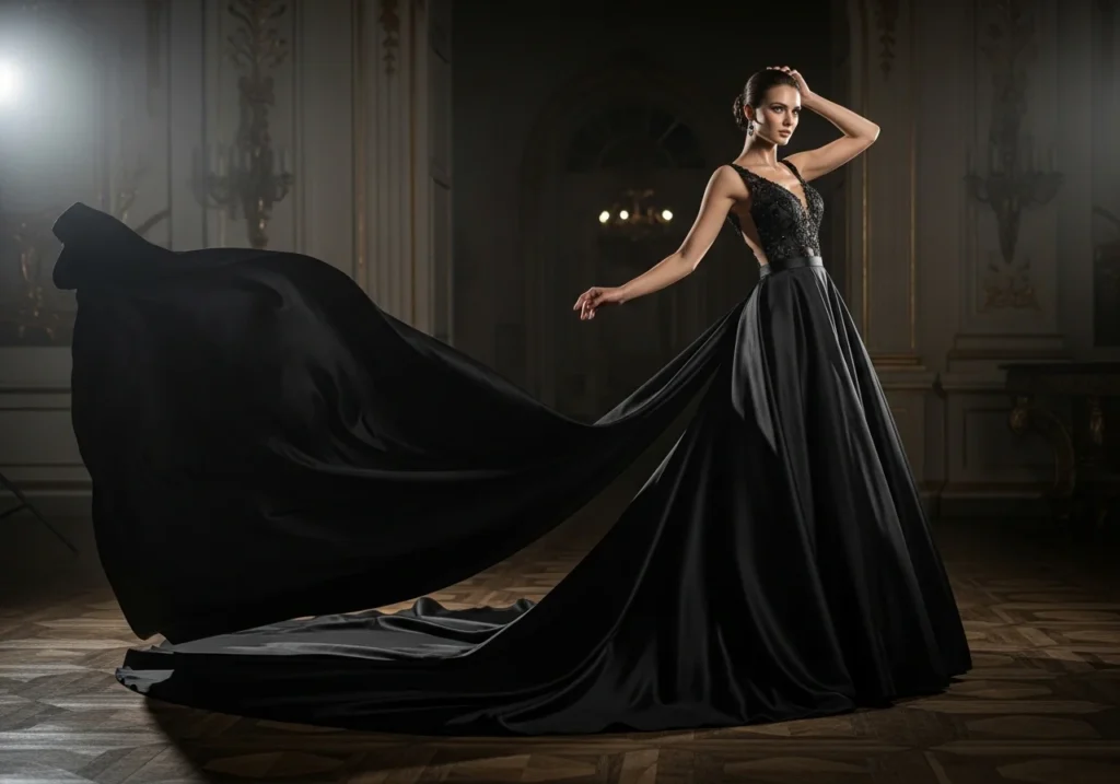 Elegant black bridal gown with a long satin train, luxurious wedding dress design for a modern and dramatic bridal look.