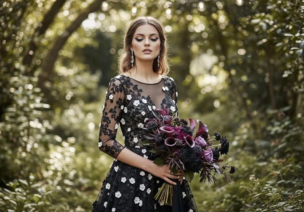 Black wedding dress with delicate Chantilly lace, floral appliqués, and subtle pearl bead detailing, elegant dark bridal gown for a romantic garden wedding look.