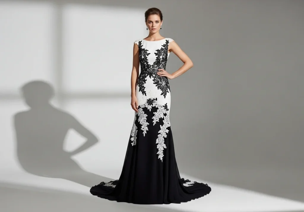 Black and white wedding dress with modern lace detailing, elegant contrasting bridal gown for a stylish contemporary wedding look.