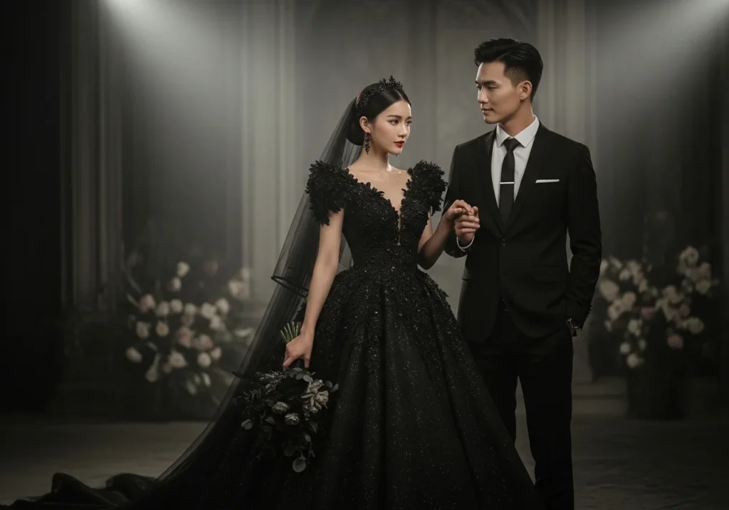 A wedding couple dressed in a coordinated black-themed bridal and groom outfit, standing together in a romantic and elegant gothic-inspired wedding setting.