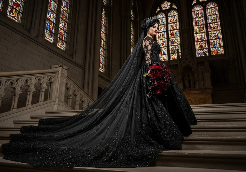 A dramatic black wedding dress with a long flowing train cascading down cathedral stairs, creating a bold and elegant gothic bridal look.