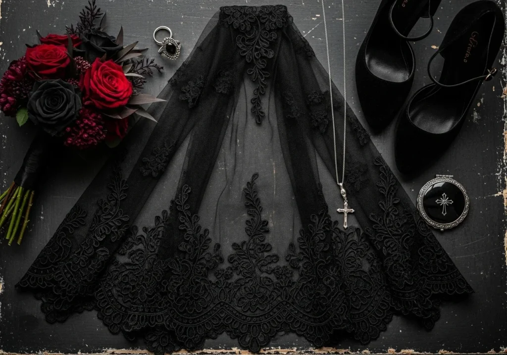Bridal accessories featuring a black lace veil styled elegantly, showcasing a dark romantic and gothic-inspired wedding aesthetic.