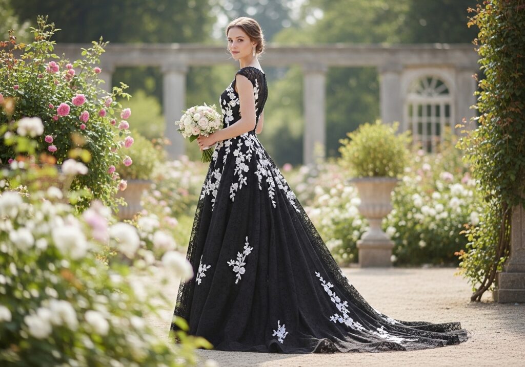 Black bridal gown with delicate Chantilly lace and small floral appliqués, soft romantic wedding dress with refined elegant detailing.