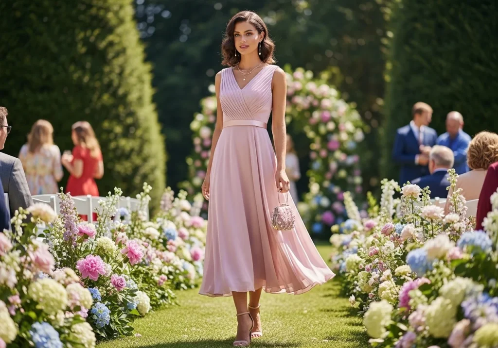 wedding guest dress worn in a stylish garden wedding setting with soft pastel tones and elegant flowy fabric