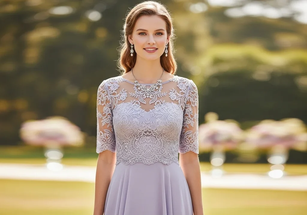 Elegant wedding guest dress in soft pastel tones featuring a stylish and graceful outfit suitable for formal celebrations.
