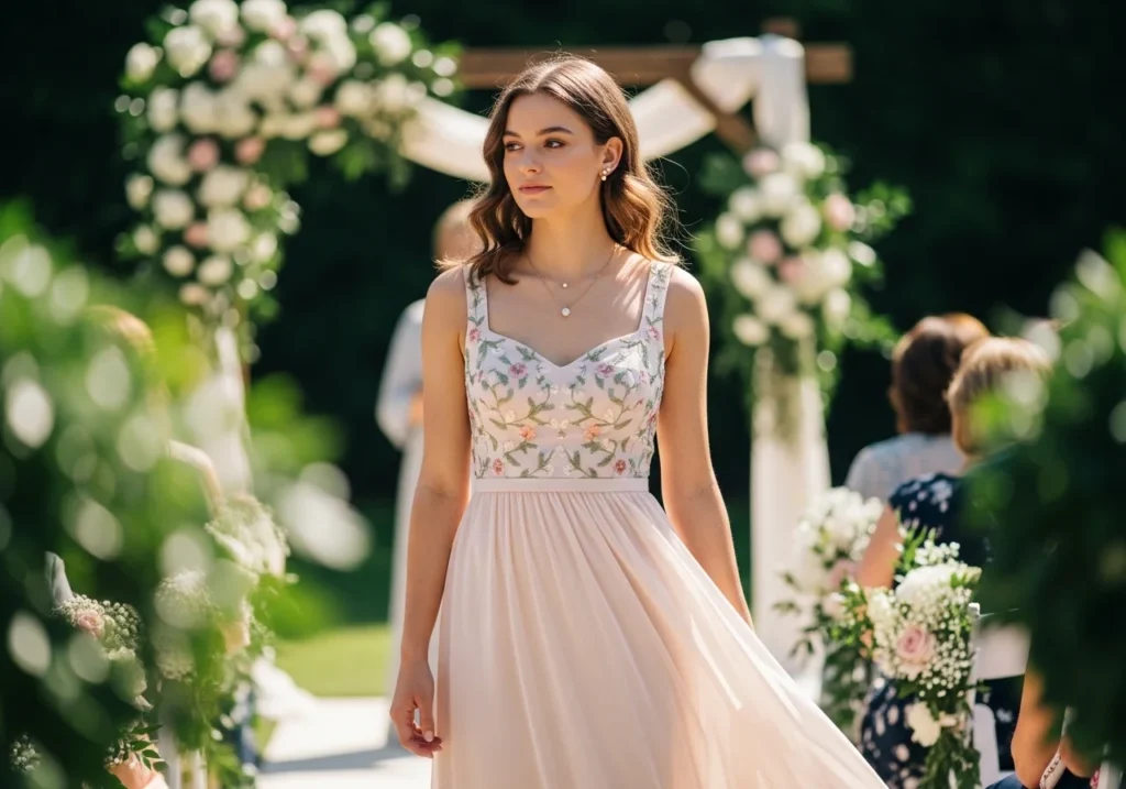 Daytime wedding guest outfit with a soft and elegant look, featuring light colors and a graceful, formal style suitable for outdoor or daytime ceremonies.