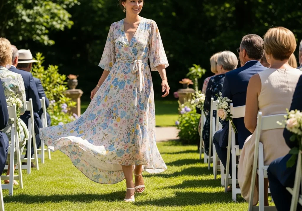 Summer wedding guest floral dress featuring a light and elegant outfit perfect for warm-weather celebrations.