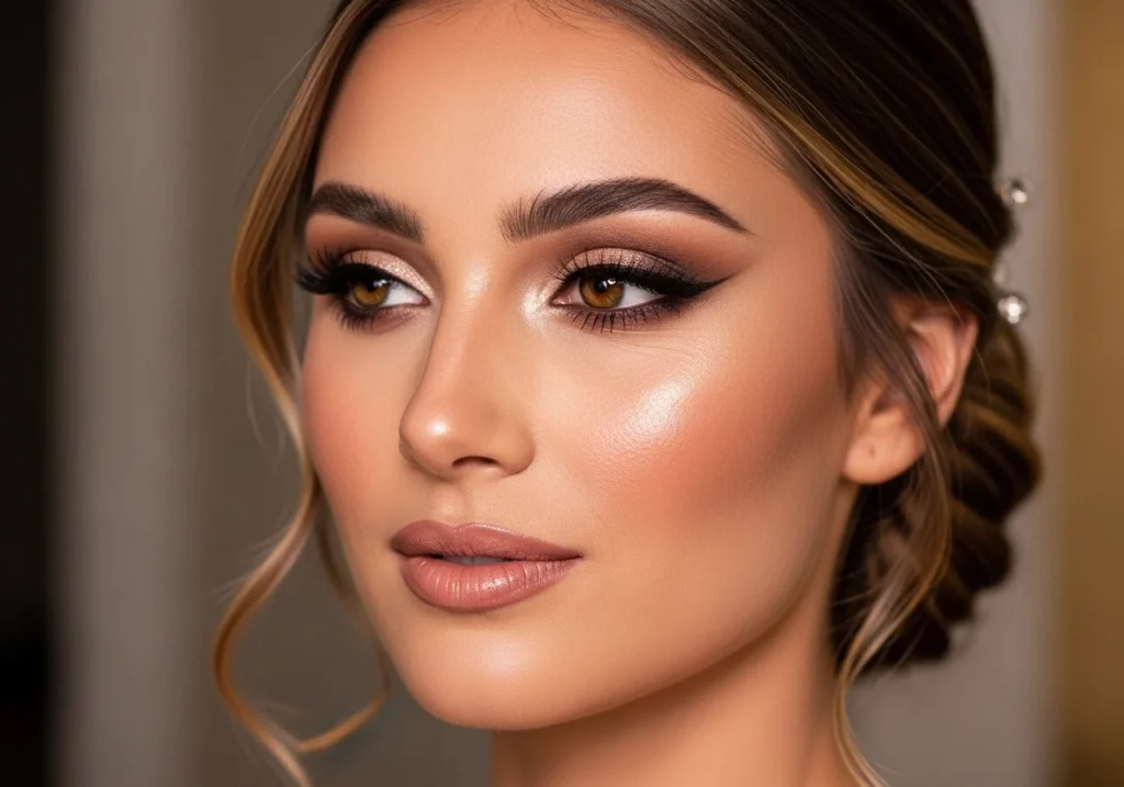 Wedding guest makeup and hairstyle look featuring an elegant, polished beauty style suitable for formal celebrations.