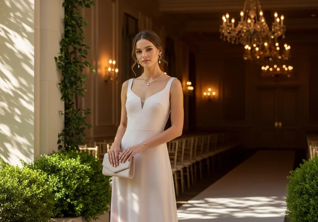 American-style wedding guest outfit featuring an elegant modern formal dress with a polished and sophisticated look.