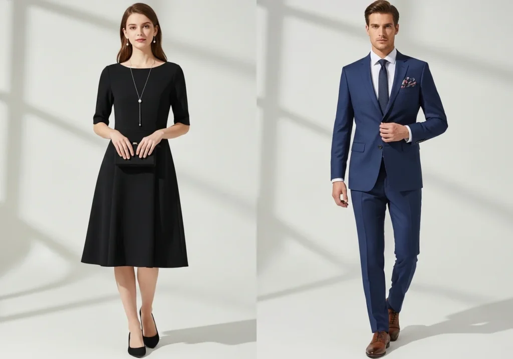 Simple black dress and navy suit styled as a versatile wedding guest base outfit with changing accessories for different events.