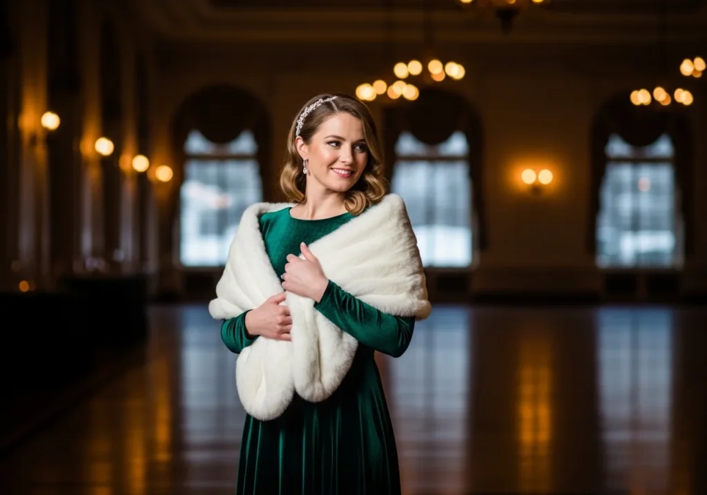 Winter wedding guest velvet dress styled with a faux fur wrap for a warm and elegant glamorous look.
