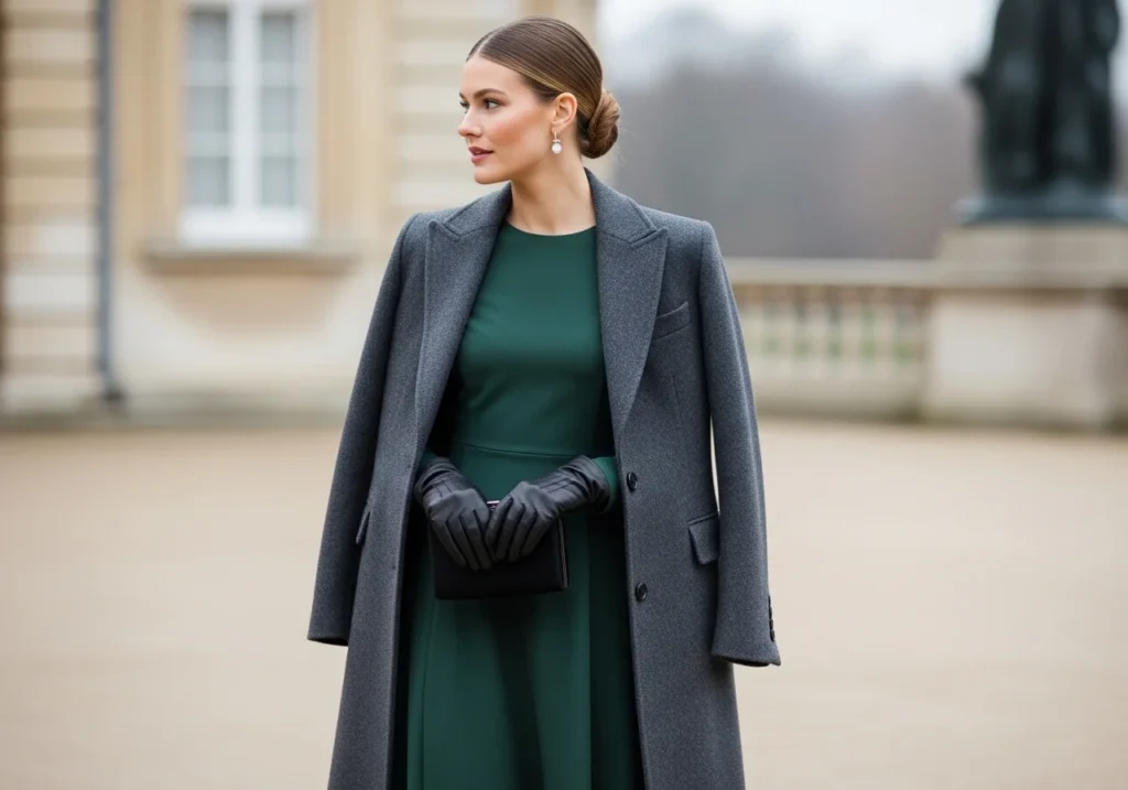 Tailored wool overcoat styled as a stylish winter wedding guest outerwear for a polished and cohesive look.