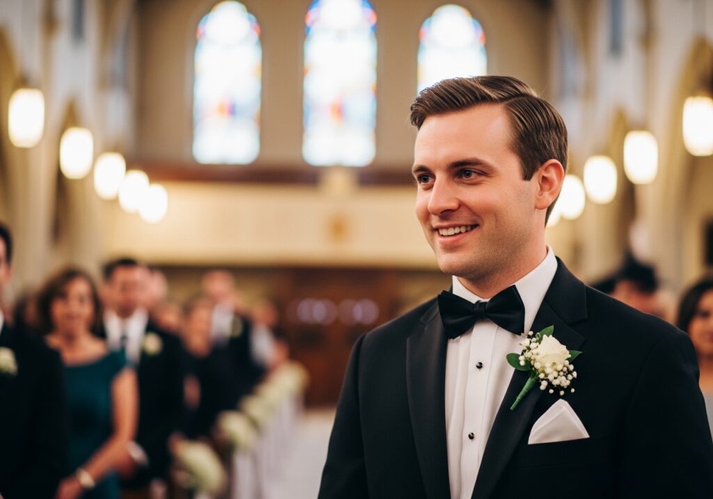 Formal men’s wedding guest suit featuring a tailored and elegant style suitable for a celebration.