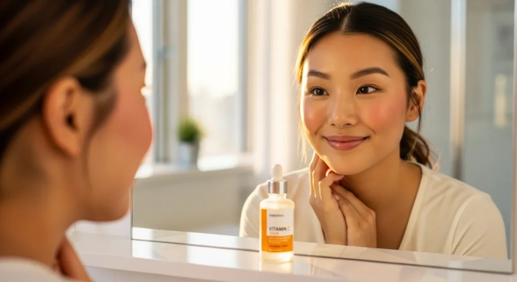 Young woman with glowing skin after using Vitamin C serum.