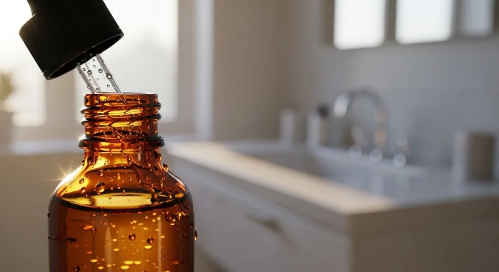 Aesthetic Vitamin C serum bottle in natural light.