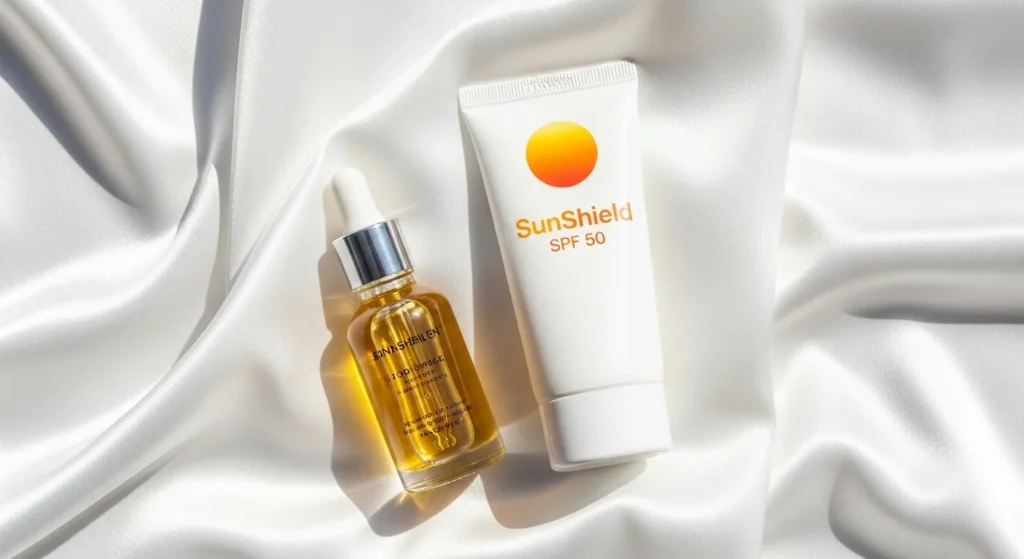 Vitamin C serum paired with sunscreen for protection.