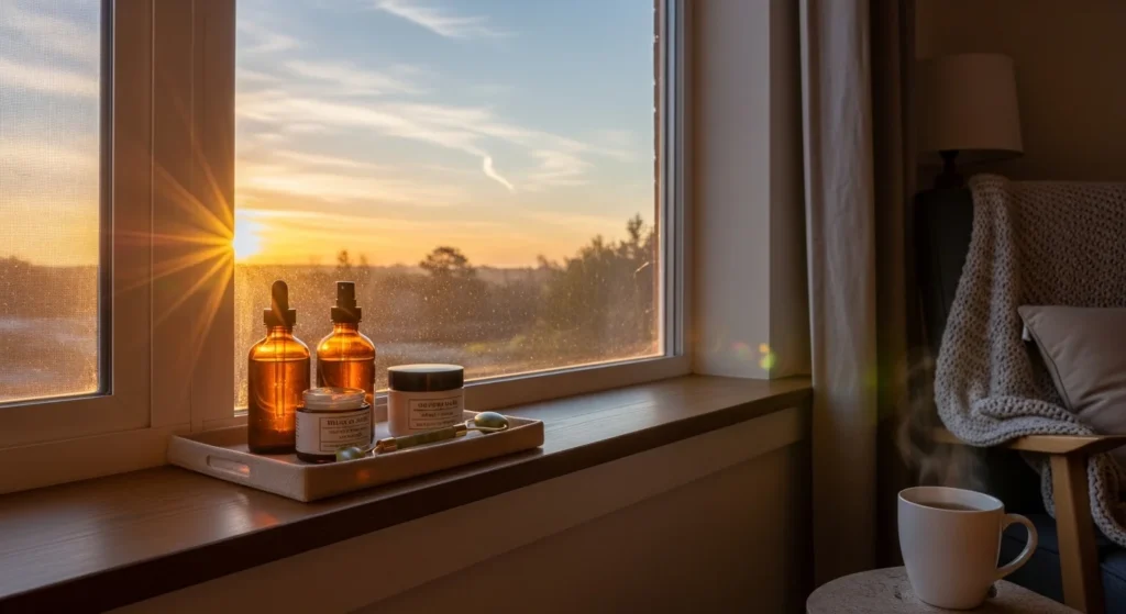 Morning skincare routine with Vitamin C and sunlight.