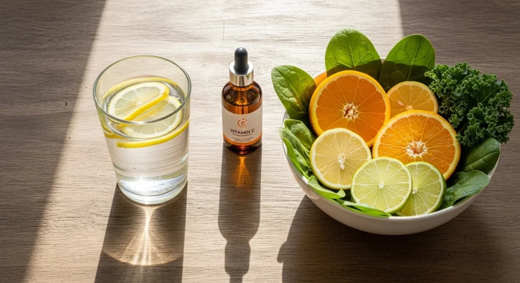 Vitamin C serum with healthy food and water for long-term skin health.