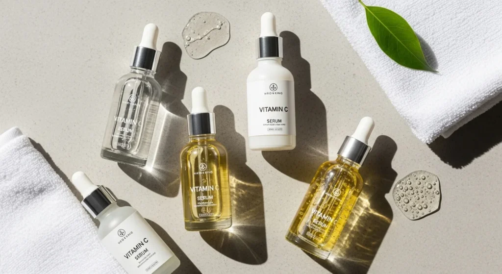 Different Vitamin C serum textures for oily, dry, and sensitive skin types.