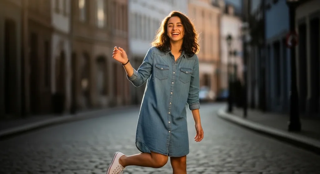 Casual denim dress with sneakers.