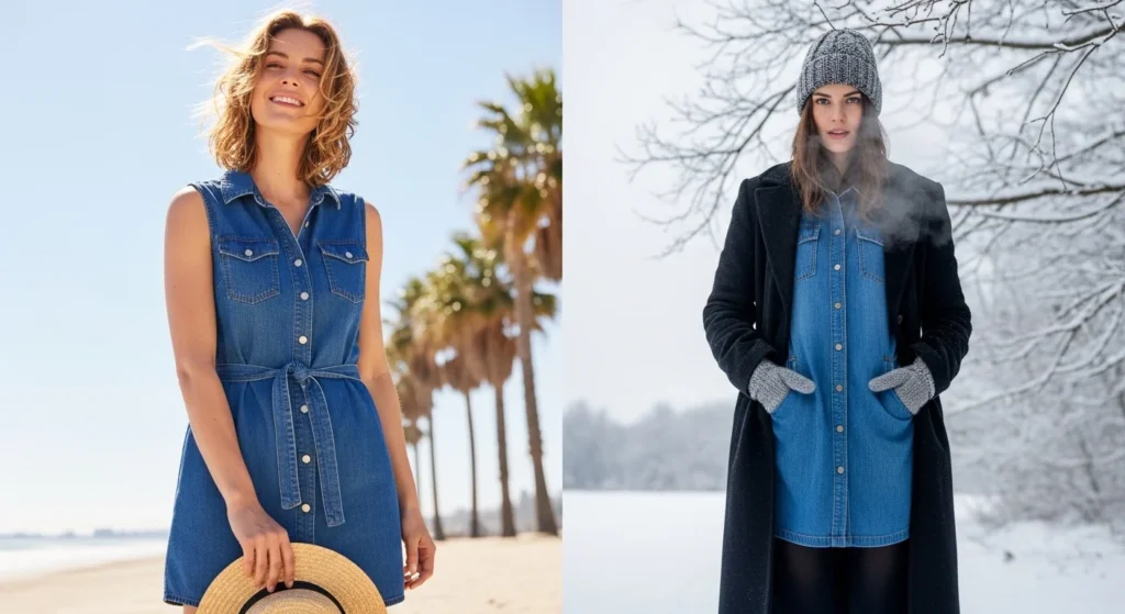 Seasonal denim dress transitions.