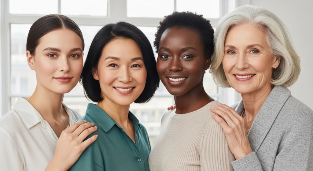 Diverse women of different ages and skin tones with nude makeup look.
