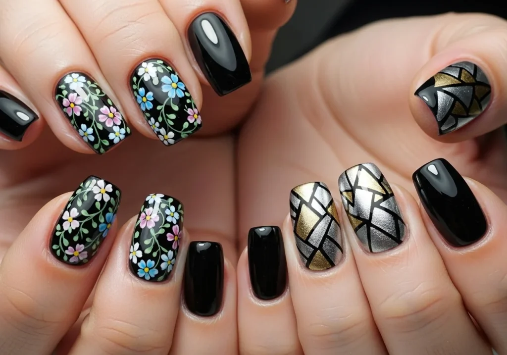Trendy black nail ideas with minimalist nail art design 