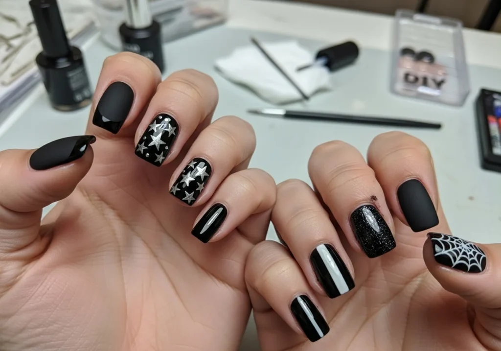Trendy black nail ideas with minimalist nail art design 