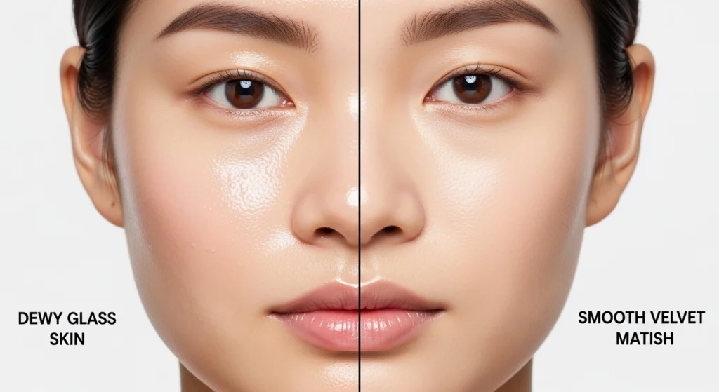Dewy vs matte nude makeup look finishes.