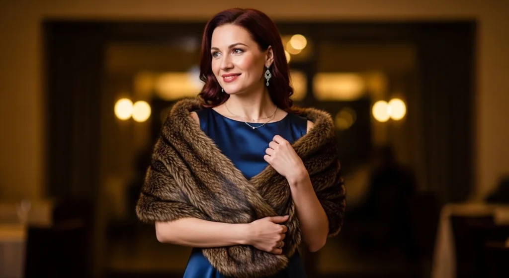 Winter guest dress with fur shawl