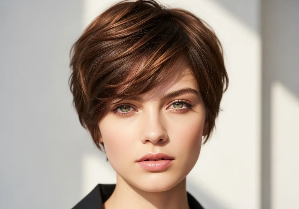 Close-up of a young woman with a trendy pixie haircut, showcasing a bold and stylish short hairstyle for women.