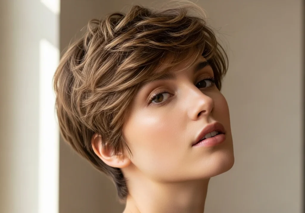 Young woman with a chic textured pixie cut, showcasing a bold and stylish short hairstyle.