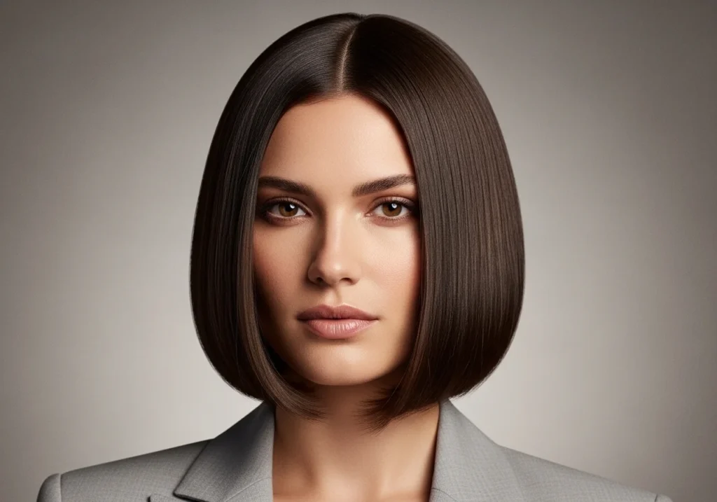 Woman with a classic bob haircut, straight and glossy, highlighting a timeless and versatile short hairstyle.