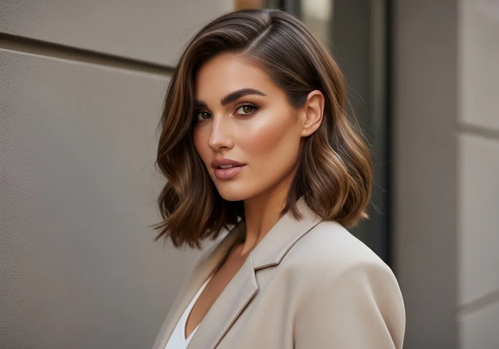 Woman with a chic long bob (lob) haircut, sleek with soft waves, showcasing a modern and versatile hairstyle.