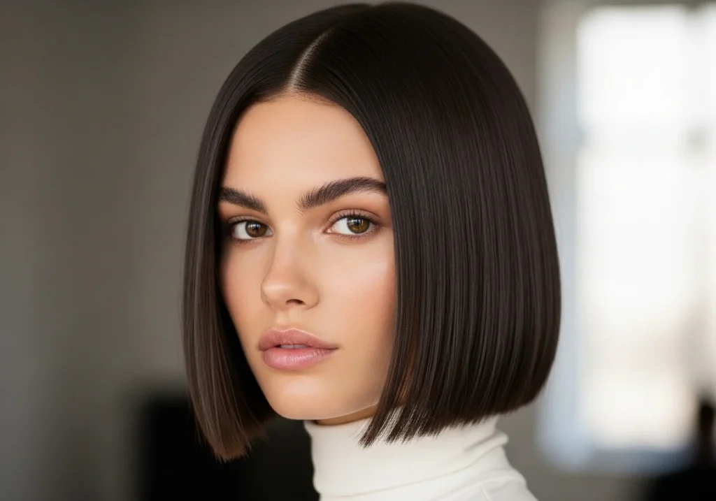 Woman with a sharp blunt cut haircut, straight and sleek, showcasing a bold and defined short hairstyle.