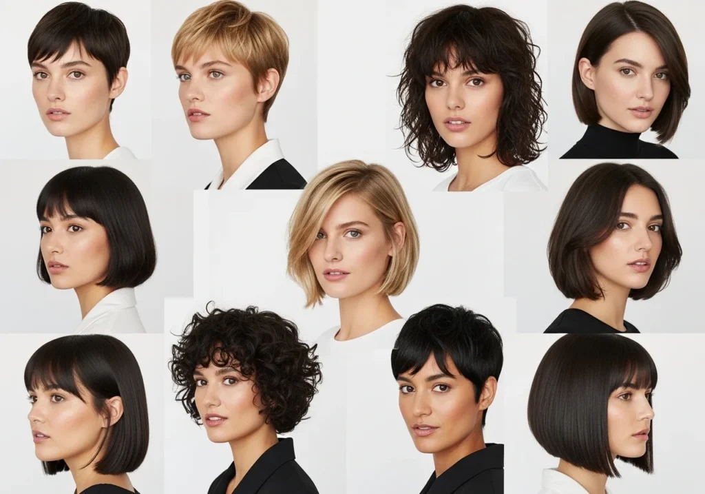Collage of women with various short hairstyles, illustrating how to choose the best haircut for different face shapes and hair types.