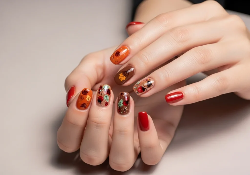 Hands with trendy autumn-themed nails in warm fall colors, showcasing a cozy and stylish fall manicure.