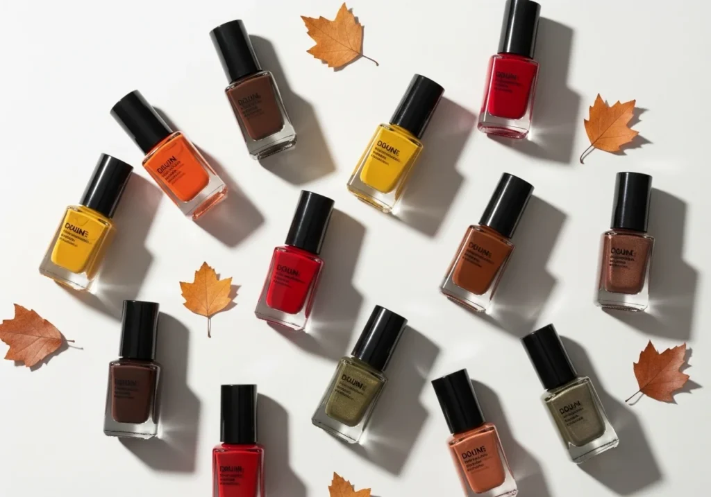 Flat lay of nail polish bottles in autumn colors, including burnt orange, red, yellow, and brown, highlighting trendy fall nail shades.