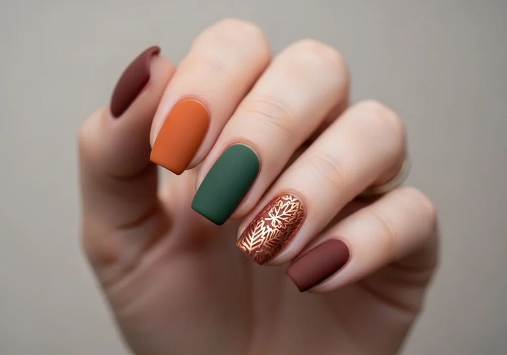 Hand with matte fall-colored nails and a single nail decorated with a leaf accent, highlighting trendy autumn nail art.