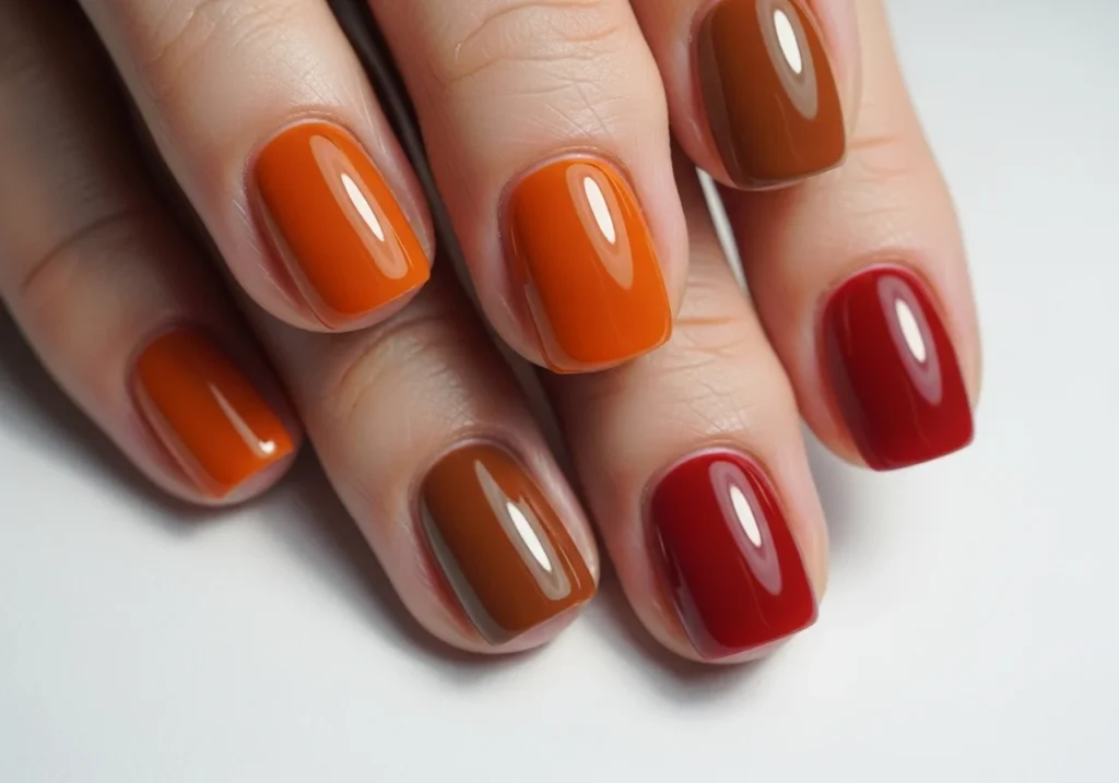 Short nails painted in earthy autumn colors, showcasing cute and trendy fall nail designs.